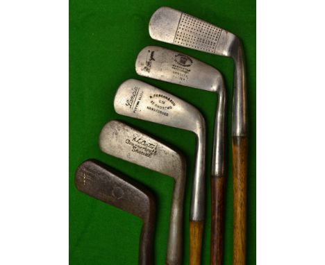 5x Blade putters including an R Forgan anti-shank'Varsity' putter^ a Forgan straight blade putting cleek stamped Lancia^ Curt