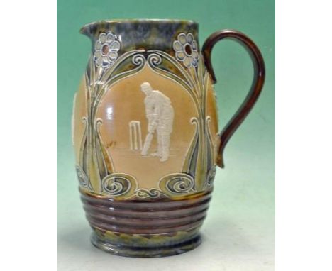 Fine Doulton Lambeth Stoneware Quart Cricket Jug a large bulbous art nouveau style stoneware lemonade jug with 3 cricketing f