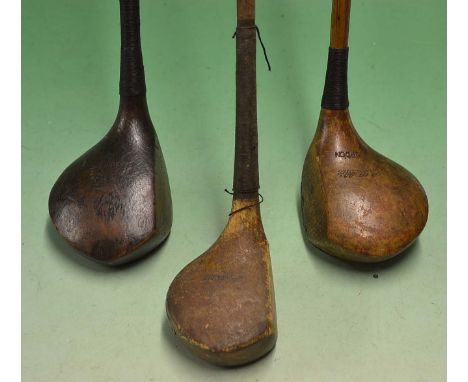 G Scobbie left hand large light stained dogwood socket head spoon fitted with full length leather grip - overall 40" plus 2x 
