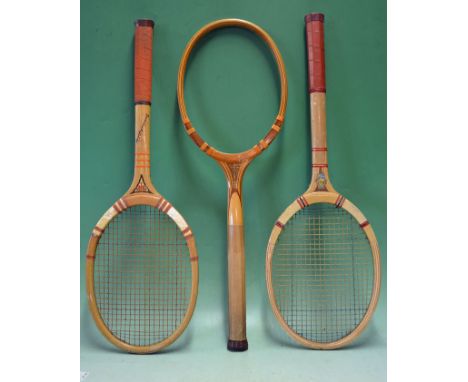 3x Lawn Tennis Rackets ranging from 1920 - 1930 the first racket is the "Solus"^ made in England with excellent transfers and