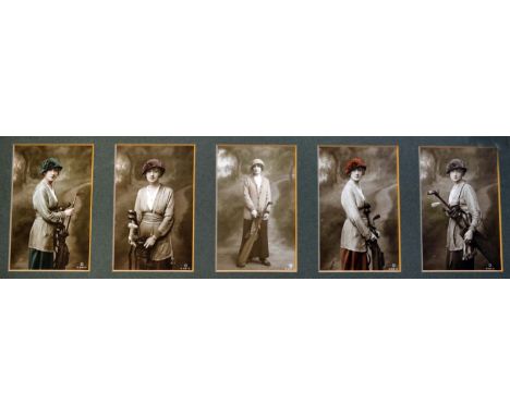 Set of 5 lady golfer hand painted real photograph postcards c1915 -   all studio photographs of the lady models incl 4x Miss 