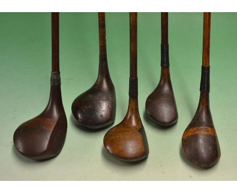 5x various playable socket head woods - incl Forgan Crown model spoon^ light stained Bull Dog baffie stamped Taylor to the cr