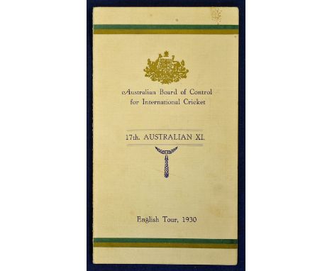 1930 Australia Cricket tour of England fixture list signed by team to the rear with 17 signatures incl Bradman^ Woodfull^ Bec