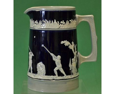 Fine Copeland Late Spode golfing large jug c1910 - decorated with golfers in white relief in the round on blue and light blue