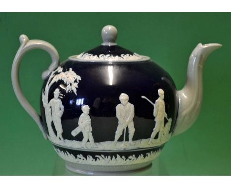 Fine Copeland Late Spode golfing tea pot c1910 - decorated with golfers in white relief in the round on blue and light blue b