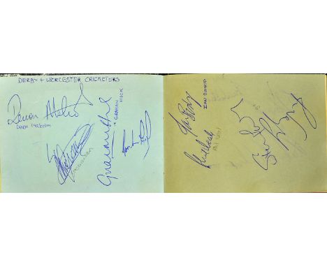 Heavily signed cricket autograph album including cricket and football players to include David Gower^ Graham Gooch^ Les Taylo