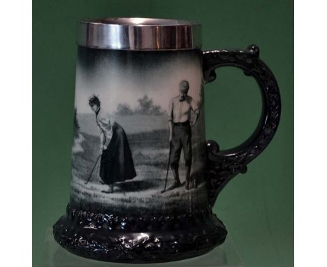 Fine Lenox ceramic and silver rimmed golfing tankard c1900 - decorated with a lady putting watched by her gentleman partner a