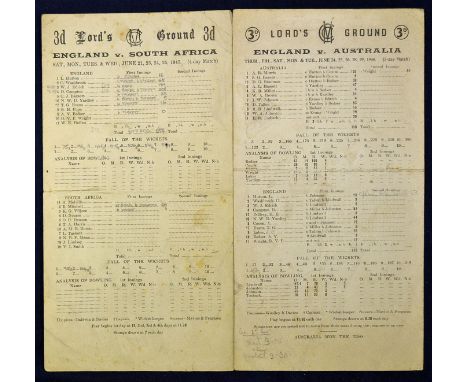 1947 & 1948 England International cricket scorecards including v South Africa at Lords dated 21-25/06/1947 with some writing 