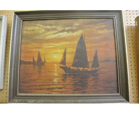An oil painting on canvas of an oriental seascape at sunset with sailing junks, signed bottom right H Leung, 37 x 48 cm appro