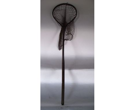 A vintage fishing freshwater landing net with simple timber framework and handle, 115 cm long approx