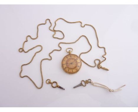 An 18ct gold open-faced pocket watch, the gilt dial with black Roman numerals, centred with an engraved floral motif, movemen