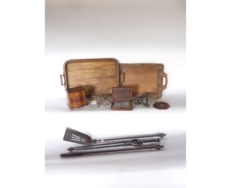 A vintage oak butler's tray, a further timber tray with carved foliate border, a miniature portrait of a female holding a boo
