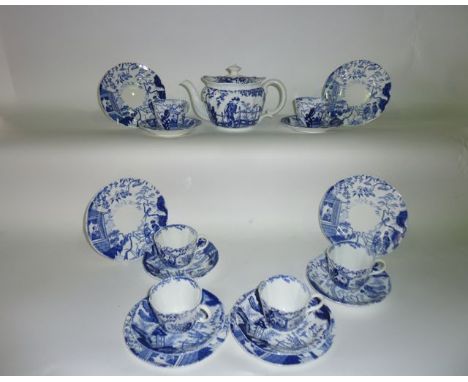 A collection of Royal Crown Derby blue and white printed tea wares with chinoiserie decoration comprising teapot, six cups, s