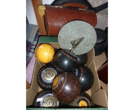 A quantity of vintage boules presented in a vintage stitched tan leather carrying case, all bearing initials EH, etc (11) tog