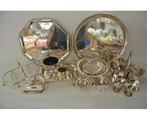 A selection of plated wares to include a drinks tray of circular form by Walker & Hall of Sheffield, a further tray by Walker