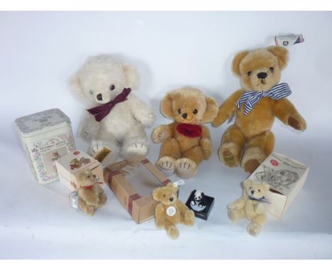 A selection of vintage collectable teddy bears to include an example with Love Heart motif to chest bearing label Teddy Bears