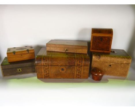 A collection of boxes to include a Victorian walnut veneered sewing box with Greek Key and other parquetry inlaid decoration,