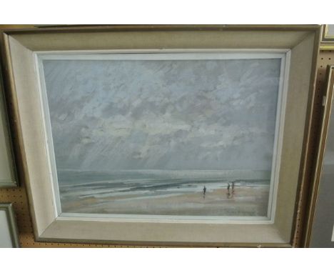 A pastel study of a beach scene with overcast sky and figures, signed bottom right Aubrey R Phillips and dated 73, with label