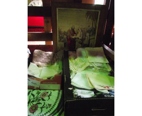 A large quantity of vintage domestic linen to include tablecloths with embroidered and stitched decoration, place mats in the