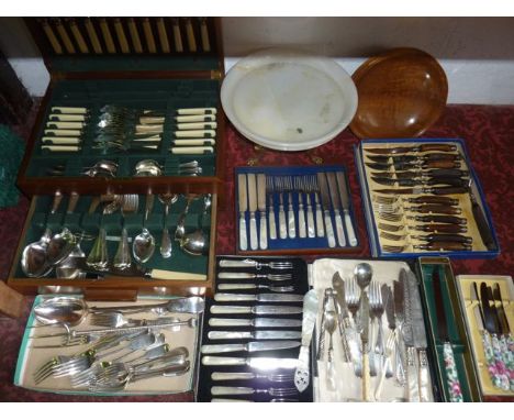 A veneered canteen of cutlery containing a quantity of stainless steel cutlery with polished bone handles together with good 