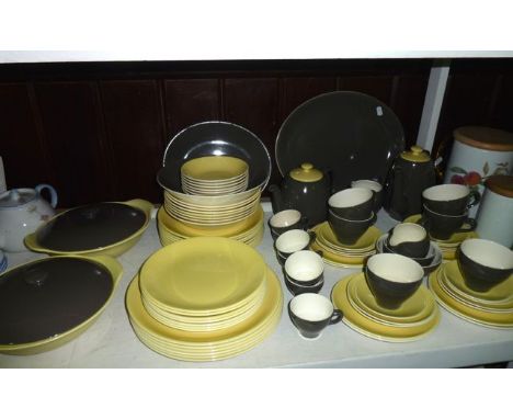 A quantity of Swinnertons Nestor Vellum Moonglo pattern dinner, tea and coffee wares including a pair of covered tureens, two