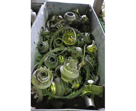 A vintage industrial steel tray with iron looping handles containing a quantity of Kosmos and slip type burners, etc