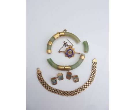 A 9ct gold bracelet, composed of criss-cross links, 6.2g; a pair of 9ct gold and enamelled cufflinks, 5.6g in total; a 9ct go