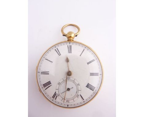 An 18ct gold open-faced pocket watch, the white enamelled dial with black Roman numerals and subsidiary dial for seconds, mov