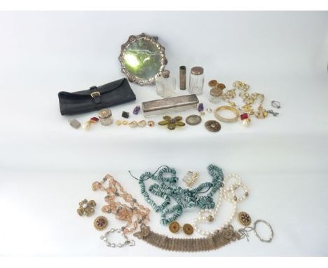 A pair of clip-on earrings, Celine, Paris; a green and white glass bead necklace; a leather clutch bag; a collection of silve