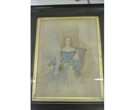 A Victorian watercolour, three quarter length portrait of a seated lady in blue dress holding a book, 33 x 25 cm approx, an e