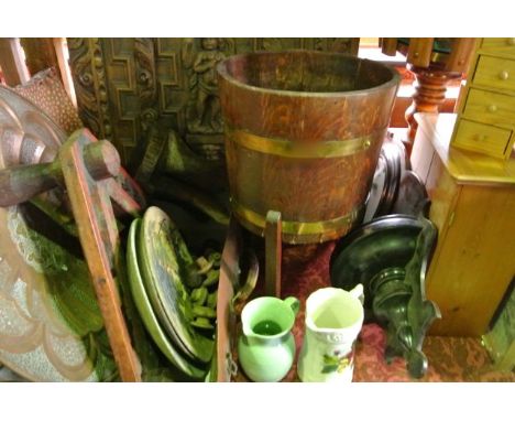 A substantial miscellaneous collection to include a coopered oak jardinière raised on three simple supports, a copper waste p