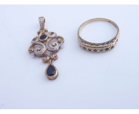 A "Dearest" ring, in 9ct gold, size O; and a sapphire and diamond pendant, the scrolling body set with a round mixed-cut and 