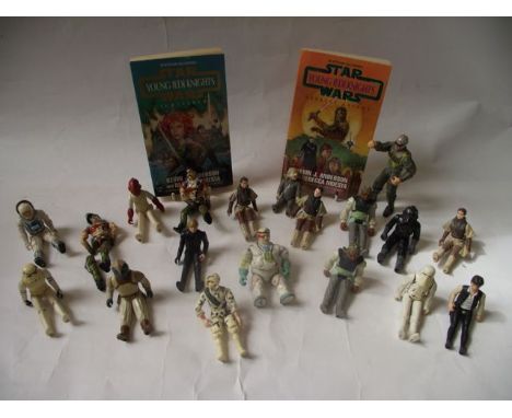 A quantity of small collectable Star Wars action figures, together with copies of Young Jedi Knights, light sabers and Darkes