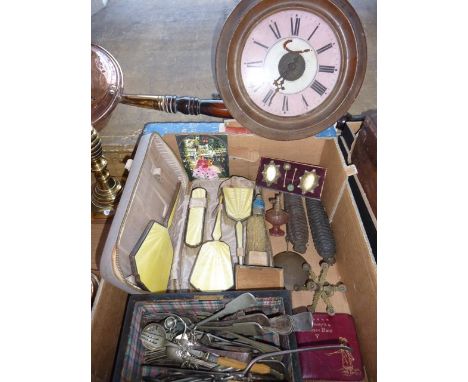 A miscellaneous collection to include a wall clock with pink and white dial, a cased yellow enamel backed travelling vanity s