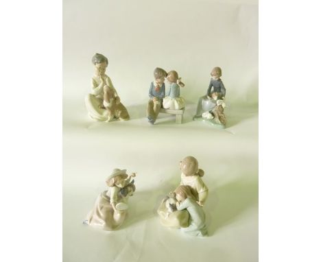 A collection of five Lladro Daisa and Nao figure groups of children with their pets including dogs, rabbits, cat, etc