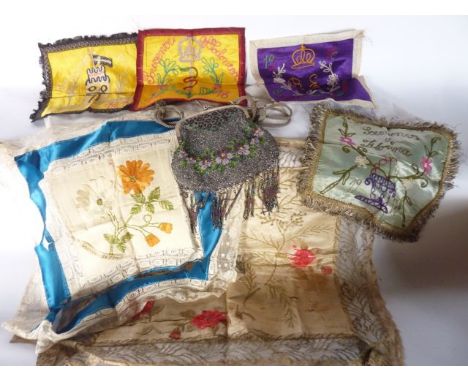 Four brightly coloured silk panels with embroidered detail, one on a pale blue ground reading - Souvenir De Florence, with fo