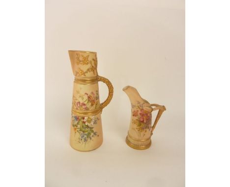 A Royal Worcester blush ivory jug of tapering cylindrical form with painted floral sprays and horizontal ribbed moulding, rel