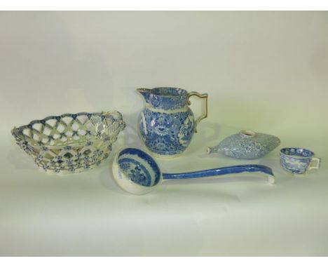 A collection of 19th century and other blue and white ceramics including a basket in the 18th century Worcester manner with p