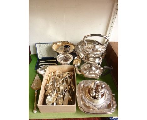 A collection of silver plated wares to include a good quality kettle and stand with associated burner by Kemp Brothers, a tea