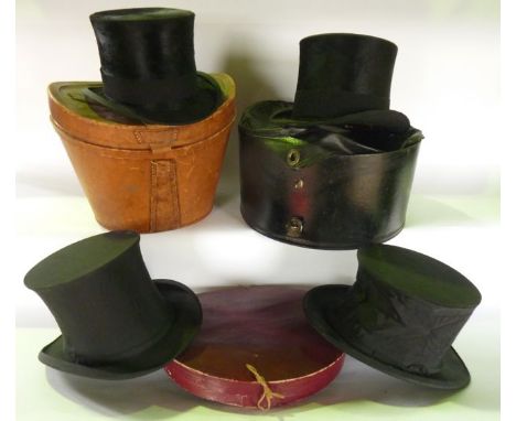 A good quality late 19th/early 20th century stitched tan leather lidded hat box containing a gentleman's top hat, marked to i