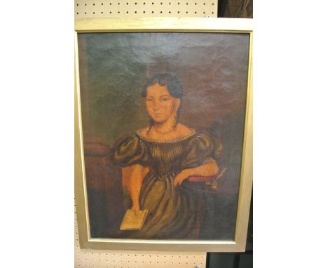 A 19th century oil painting on canvas, three quarter length portrait in the primitive manner showing a young girl with pig ta