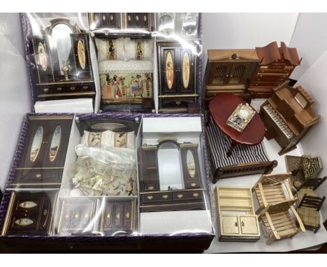 Vintage dolls House furniture selection to include 2 boxes of dolls house room settings and cabinets and furniture unused and