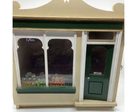 Vintage wooden Dolls  Green Grocer shop ; with opening hinged front and artisan detailed fruit and veg and counters and other