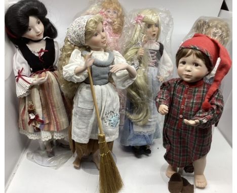 Porcelain artist vintage dolls to include a wee will winkie toddler in a nightshirt and several in Bavarian style fairytale c