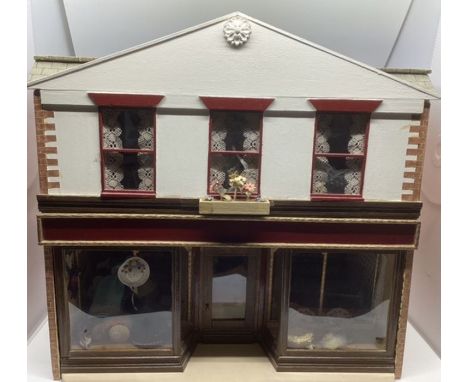 Dolls Vintage House good wooden Milliners shop with contents, dolls,furniture. Includes counters and various shop fittings, h