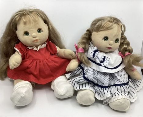 Mattel Vintage My Child cloth dolls pair with Red Dress and Polka dot variety with Green Eyes inset  in good vintage order.(2