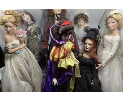 7 Large Artist Vintage dolls including Franklin mint Snow White 19” doll and girth steampunk dressed lady , bride dolls and o