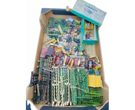 Large lot of Britains lead farmyard animals, figures, No.4F Tumbrel (boxed), fences, hedges etc - 1x tray (qty)