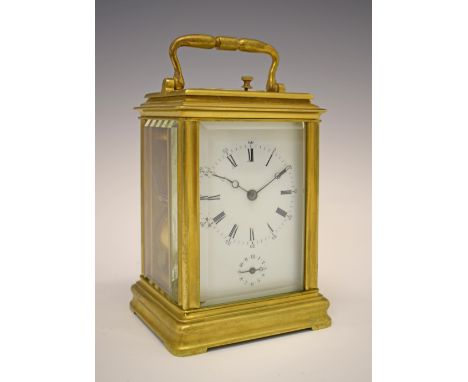 French brass Cannelee cased carriage clock by Japy Freres & Cie, white enamel dial with Roman and Arabic numerals and subsidi