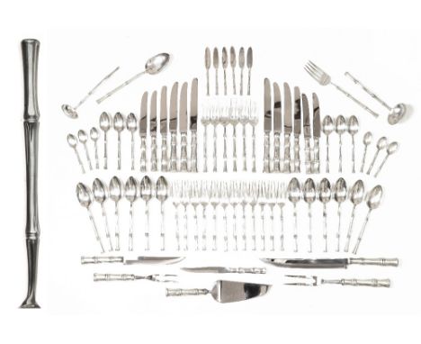 Tiffany & Co silver Bamboo pattern canteen of cutlery comprising: twelve dessert spoons, twelve dessert forks, six table fork